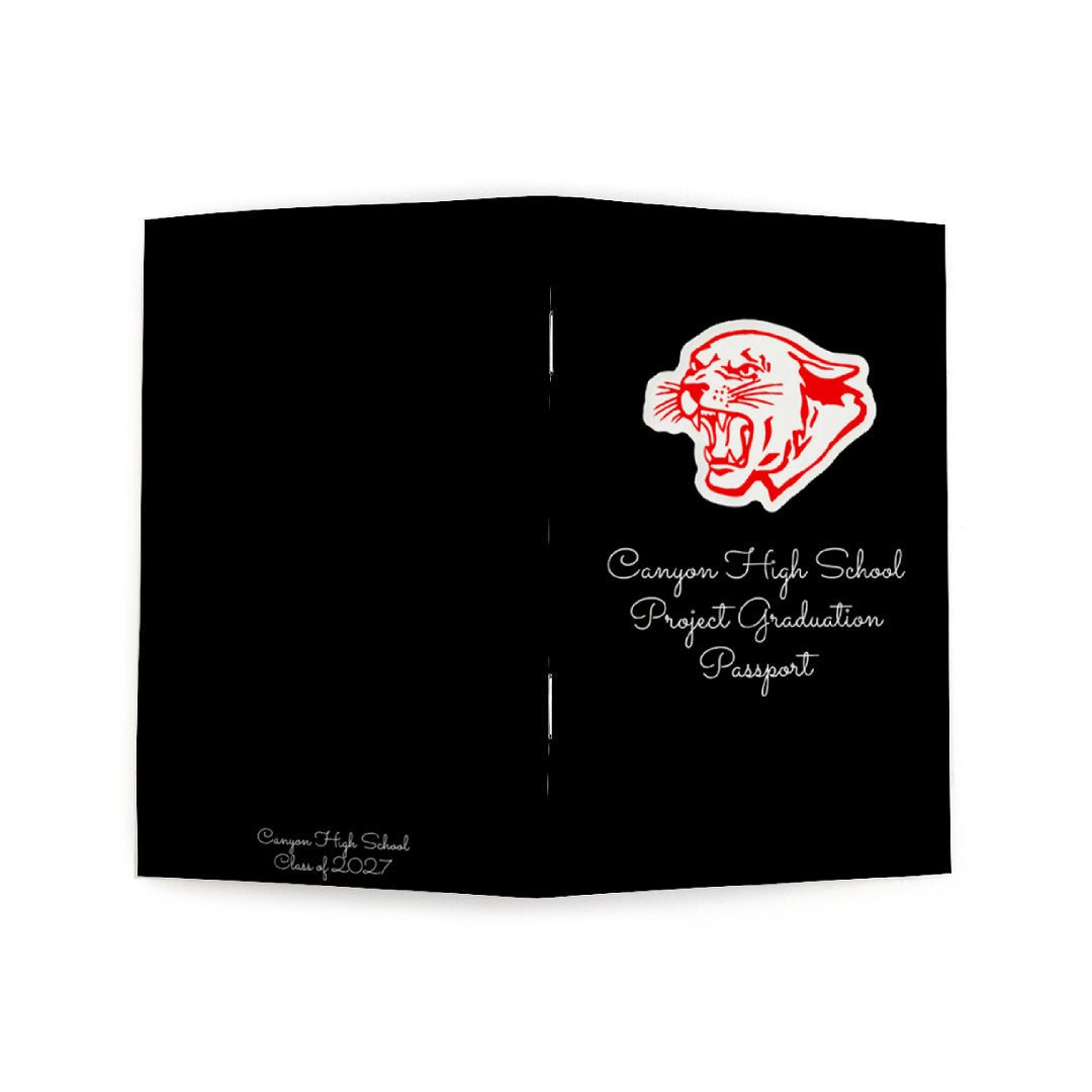 Canyon High School Class of 2027 Project Graduation Passport Notebook with Red Cougar Mascot